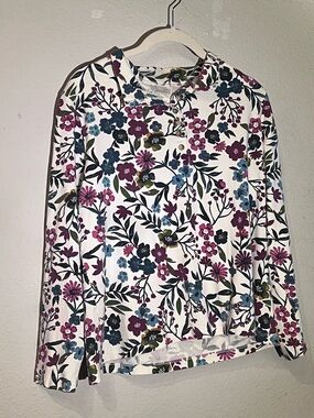 Appleseed's White Floral Long Sleeve Tee with Blue and Purple Accents